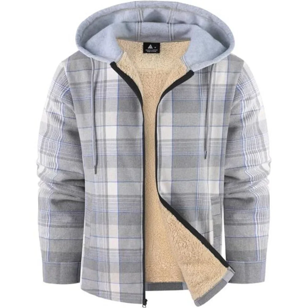 Flannel Plaid Jacket Long Sleeve Fleece Sherpa Lined Winter Jacket Warm Grey - Picture 1 of 7